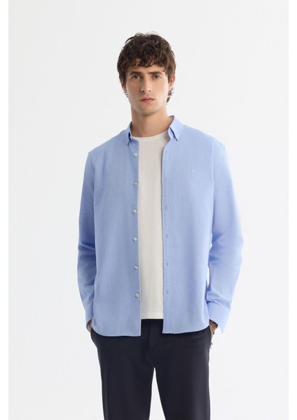 Erkek Mavi Regular Fit Düğmeli Yaka %100 Pamuk Oxford Gömlek B002034