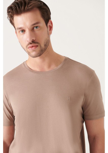 Erkek Vizon Soft Regular Fit Soft Touch Bisiklet Yaka Düz Modal T-Shirt B001171