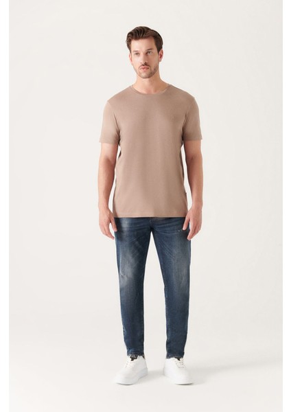 Erkek Vizon Soft Regular Fit Soft Touch Bisiklet Yaka Düz Modal T-Shirt B001171