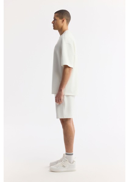 Erkek Ekru Bisiklet Yaka Oversize Aplike Baskı Detaylı 2'İplik T-Shirt A51Y1082 modelleri