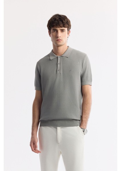 Erkek Gri Regular Fit Polo Yaka Dokulu Triko T-shirt B005120
