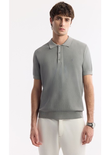 Erkek Gri Regular Fit Polo Yaka Dokulu Triko T-shirt B005120