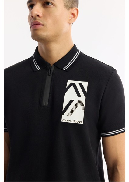 Erkek Siyah Regular Fit Fermuarlı Polo Yaka Önü Enjeksiyon Baskılı T-shirt A51y1167 fiyatları