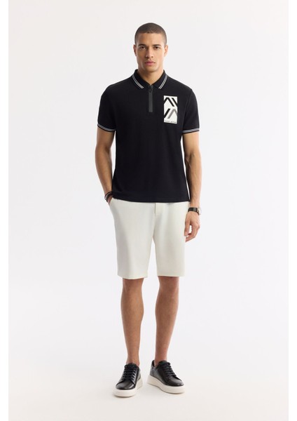 Erkek Siyah Regular Fit Fermuarlı Polo Yaka Önü Enjeksiyon Baskılı T-shirt A51y1167 indirimleri