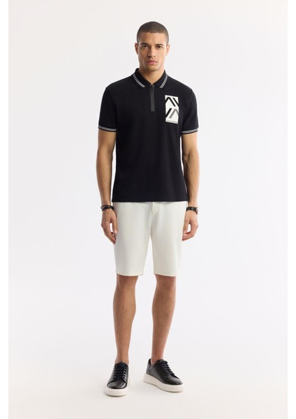 Erkek Siyah Regular Fit Fermuarlı Polo Yaka Önü Enjeksiyon Baskılı T-shirt A51y1167