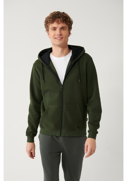Erkek Haki Kapüşonlu 3 Iplik Şardonlu Fermuarlı Sweatshirt E001019
