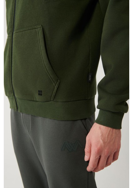 Erkek Haki Kapüşonlu 3 Iplik Şardonlu Fermuarlı Sweatshirt E001019 indirimleri