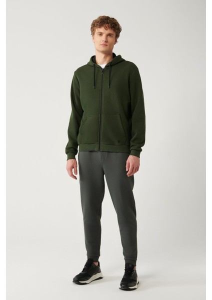 Erkek Haki Kapüşonlu 3 Iplik Şardonlu Fermuarlı Sweatshirt E001019