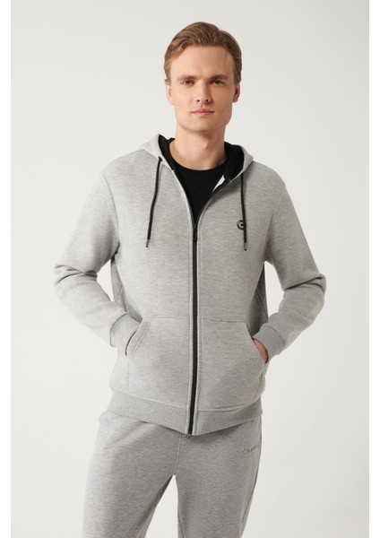 Erkek Gri Kapüşonlu 3 İplik Şardonlu Fermuarlı Sweatshirt E001019