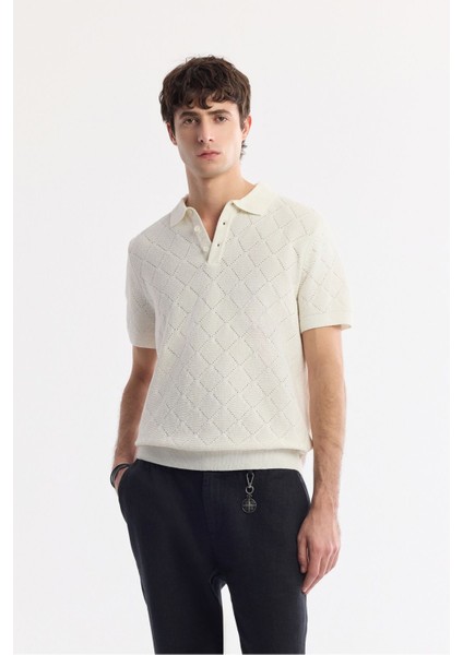 Erkek Ekru Polo Yaka Jakarlı Buklet İplik Triko T-shirt A51Y5040