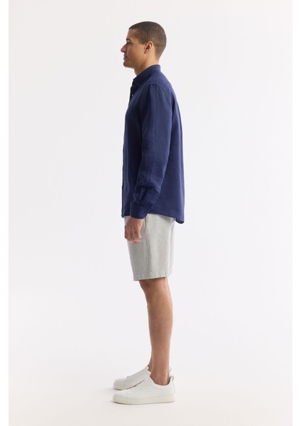 Erkek Indigo Comfort Fit %100 Keten Düğmeli Yaka Gömlek B002191 modelleri