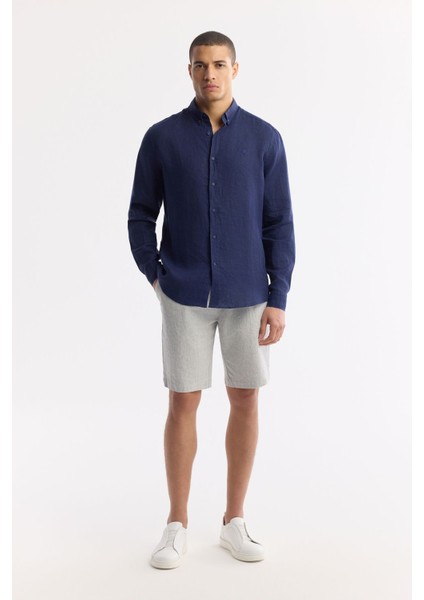 Erkek Indigo Comfort Fit %100 Keten Düğmeli Yaka Gömlek B002191 indirimleri