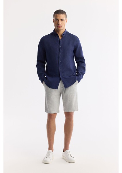 Erkek Indigo Comfort Fit %100 Keten Düğmeli Yaka Gömlek B002191