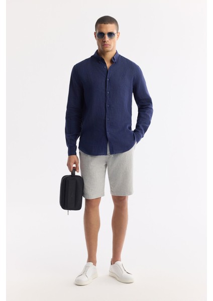 Erkek Indigo Comfort Fit %100 Keten Düğmeli Yaka Gömlek B002191