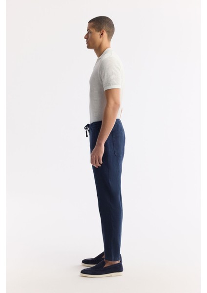 Erkek Lacivert Relaxed Fit Beli Lastikli %100 Keten Pantolon B003032 fiyatları
