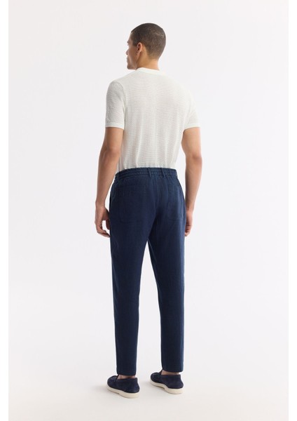 Erkek Lacivert Relaxed Fit Beli Lastikli %100 Keten Pantolon B003032 modelleri