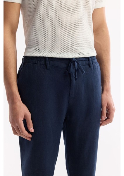 Erkek Lacivert Relaxed Fit Beli Lastikli %100 Keten Pantolon B003032 fırsatları