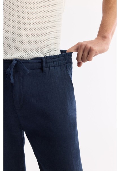 Erkek Lacivert Relaxed Fit Beli Lastikli %100 Keten Pantolon B003032 indirimleri