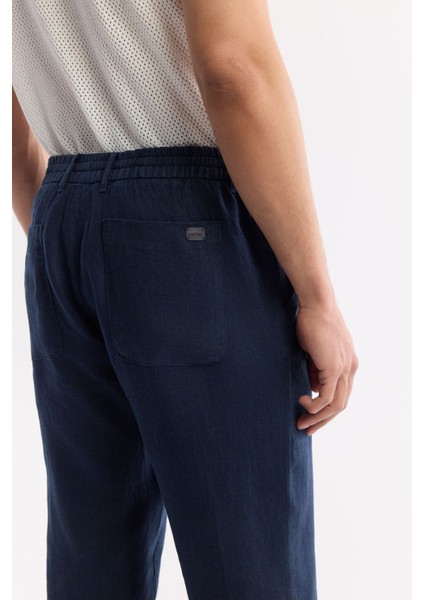 Erkek Lacivert Relaxed Fit Beli Lastikli %100 Keten Pantolon B003032