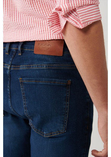 Erkek Koyu Mavi Skinny FitEskitme Yıkamalı Esnek Jean Pantolon B003510