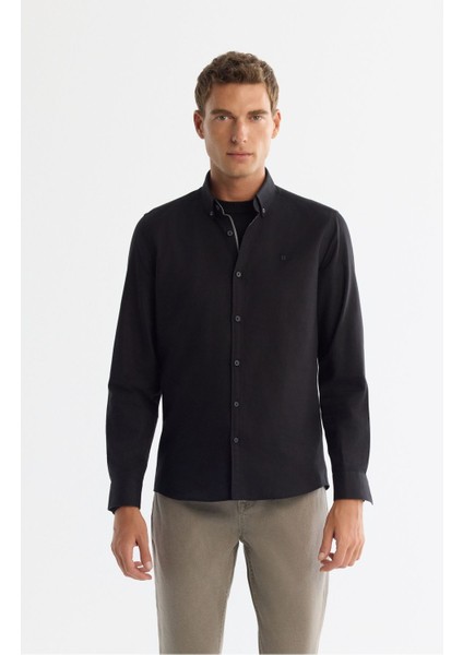 Erkek Siyah Regular Fit Düğmeli Yaka %100 Pamuk Oxford Gömlek B002034