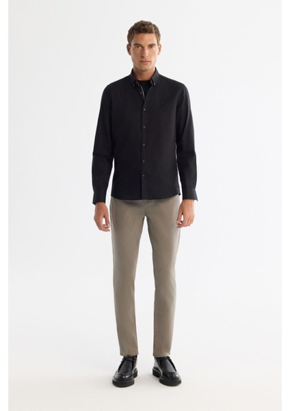 Erkek Siyah Regular Fit Düğmeli Yaka %100 Pamuk Oxford Gömlek B002034