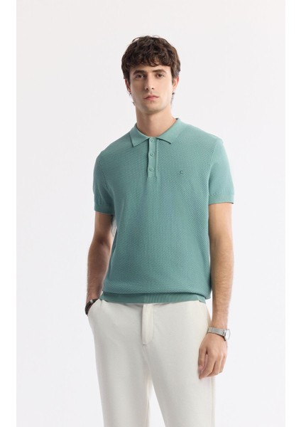 Erkek Nil Yeşili Regular Fit Polo Yaka Dokulu Triko T-shirt B005120