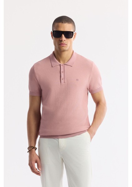 Erkek Pembe Regular Fit Polo Yaka Dokulu Triko T-shirt B005120