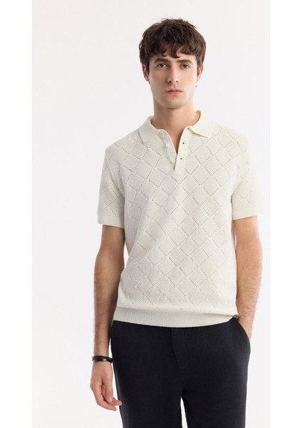 Erkek Ekru Polo Yaka Jakarlı Buklet İplik Triko T-shirt A51Y5040
