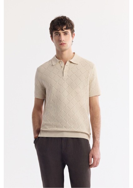 Erkek Bej Regular Fit Polo Yaka Jakarlı Buklet İplik Triko T-shirt A51Y5040