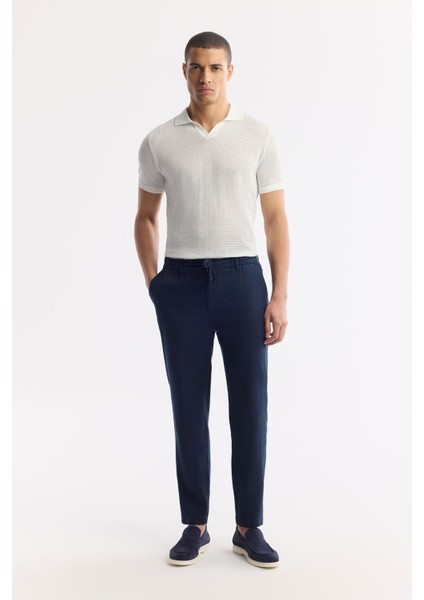 Erkek Lacivert Relaxed Fit Beli Lastikli %100 Keten Pantolon B003032