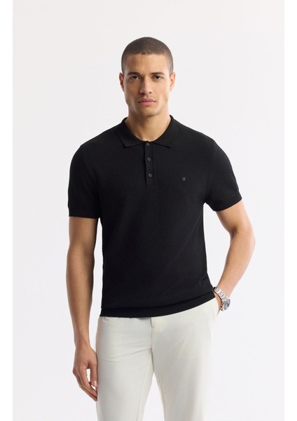 Erkek Siyah Regular Fit Polo Yaka Dokulu Triko T-shirt B005120