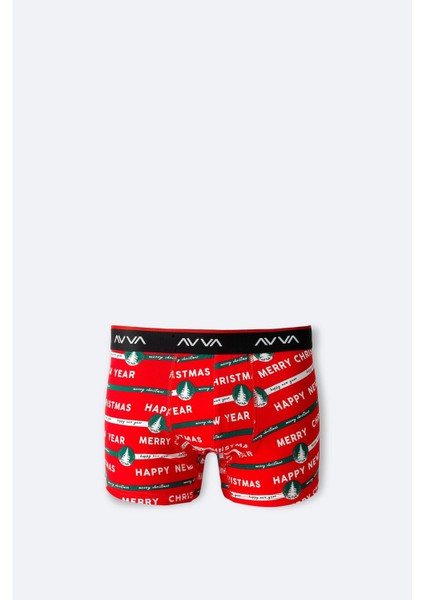 Erkek Kırmızı Yılbaşı Desenli Tekli Özel Kutu Boxer A42Y9523