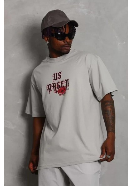 Unisex Oversize Baskılı Bisiklet Yaka T-Shirt - Gri fiyatları