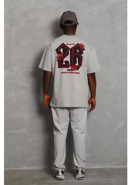 Unisex Oversize Baskılı Bisiklet Yaka T-Shirt - Gri indirimleri