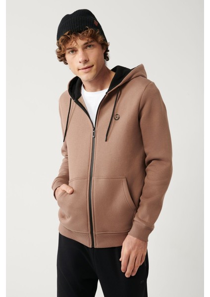 Erkek Açık Kahverengi Kapüşonlu 3 Iplik Şardonlu Fermuarlı Sweatshirt E001019