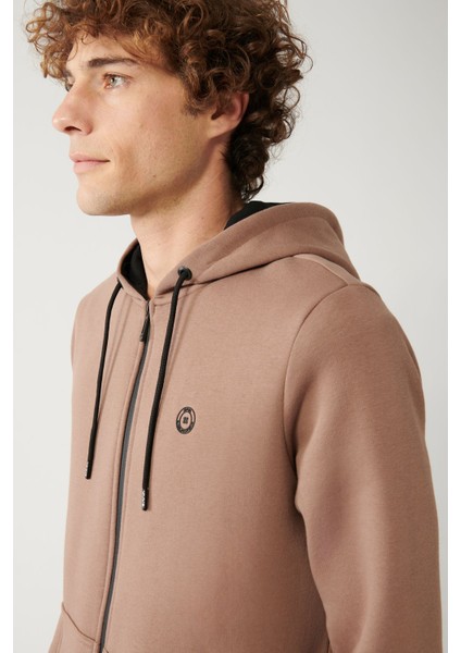 Erkek Açık Kahverengi Kapüşonlu 3 Iplik Şardonlu Fermuarlı Sweatshirt E001019 fiyatları