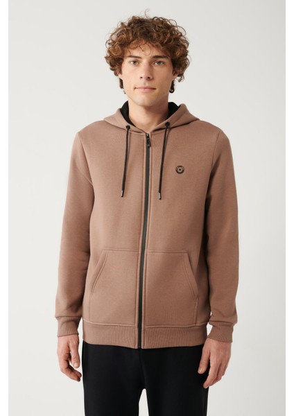 Erkek Açık Kahverengi Kapüşonlu 3 Iplik Şardonlu Fermuarlı Sweatshirt E001019 modelleri