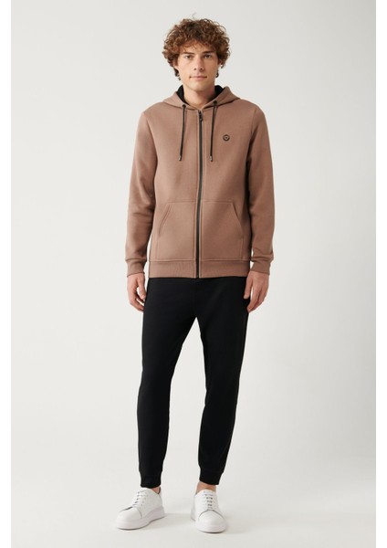 Erkek Açık Kahverengi Kapüşonlu 3 Iplik Şardonlu Fermuarlı Sweatshirt E001019 indirimleri