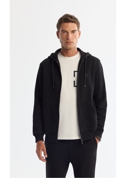 Erkek Siyah Kapüşonlu 3 Iplik Şardonlu Fermuarlı Sweatshirt E001019