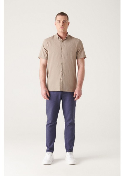 Erkek Vizon Düğmeli Yaka Pamuk İnce Kısa Kol Regular Fit Gömlek E002210