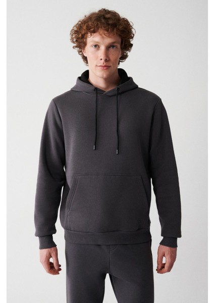 Erkek Antrasit Kapüşonlu 3 İplik Şardonlu Pamuklu Sweatshirt E001018