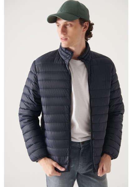 Erkek Lacivert Dik Yaka Lightweight Rüzgar Geçirmez Şişme Spor Mont E006000 modelleri