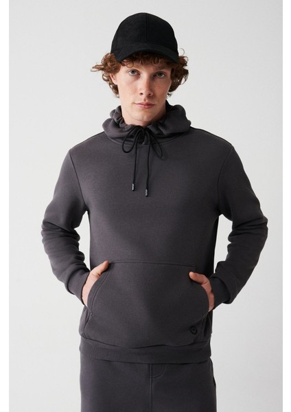 Erkek Antrasit Kapüşonlu 3 İplik Şardonlu Pamuklu Sweatshirt E001018