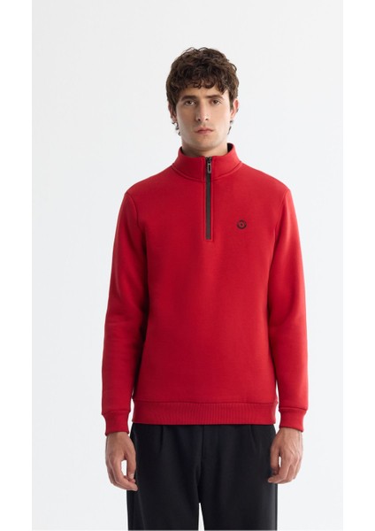 Erkek Kırmızı Dik Yaka Fermuarlı 3 Iplik Şardonlu Sweatshirt E001020