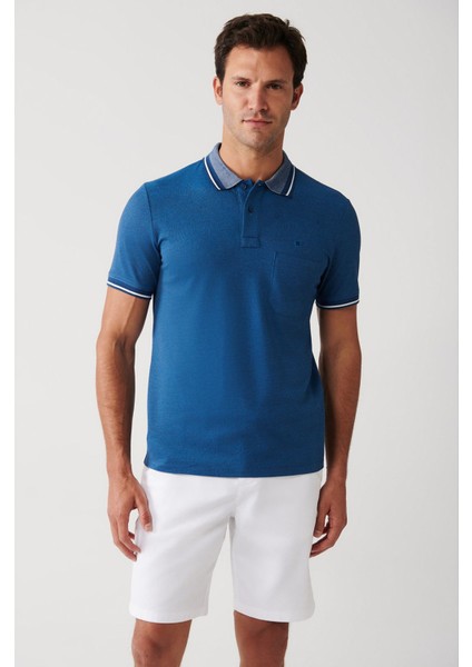 Erkek Indigo Kıvrılmaz Yaka Cepli 2 Düğmeli Polo Yaka T-shirt E001031