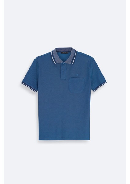 Erkek Indigo Kıvrılmaz Yaka Cepli 2 Düğmeli Polo Yaka T-shirt E001031