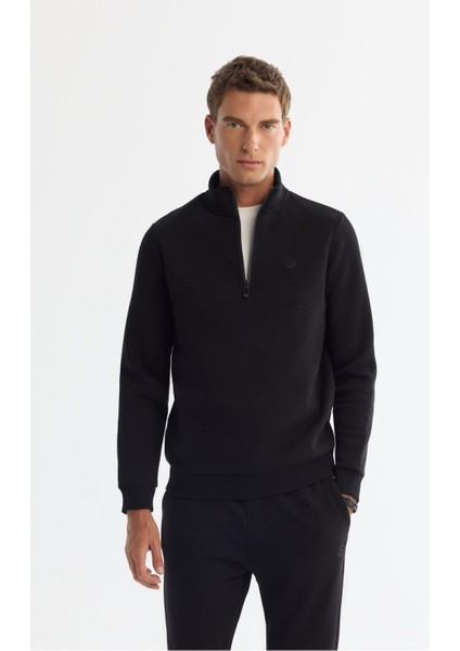 Erkek Siyah Dik Yaka Fermuarlı 3 Iplik Şardonlu Sweatshirt E001020