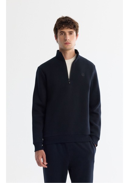Erkek Lacivert Dik Yaka Fermuarlı 3 İplik Şardonlu Sweatshirt E001020