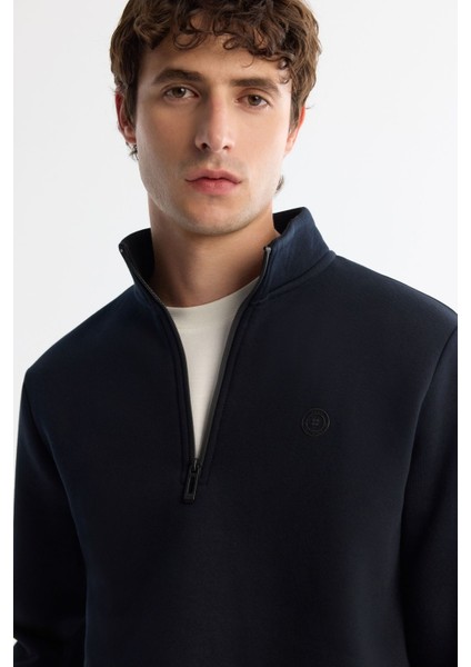 Erkek Lacivert Dik Yaka Fermuarlı 3 İplik Şardonlu Sweatshirt E001020